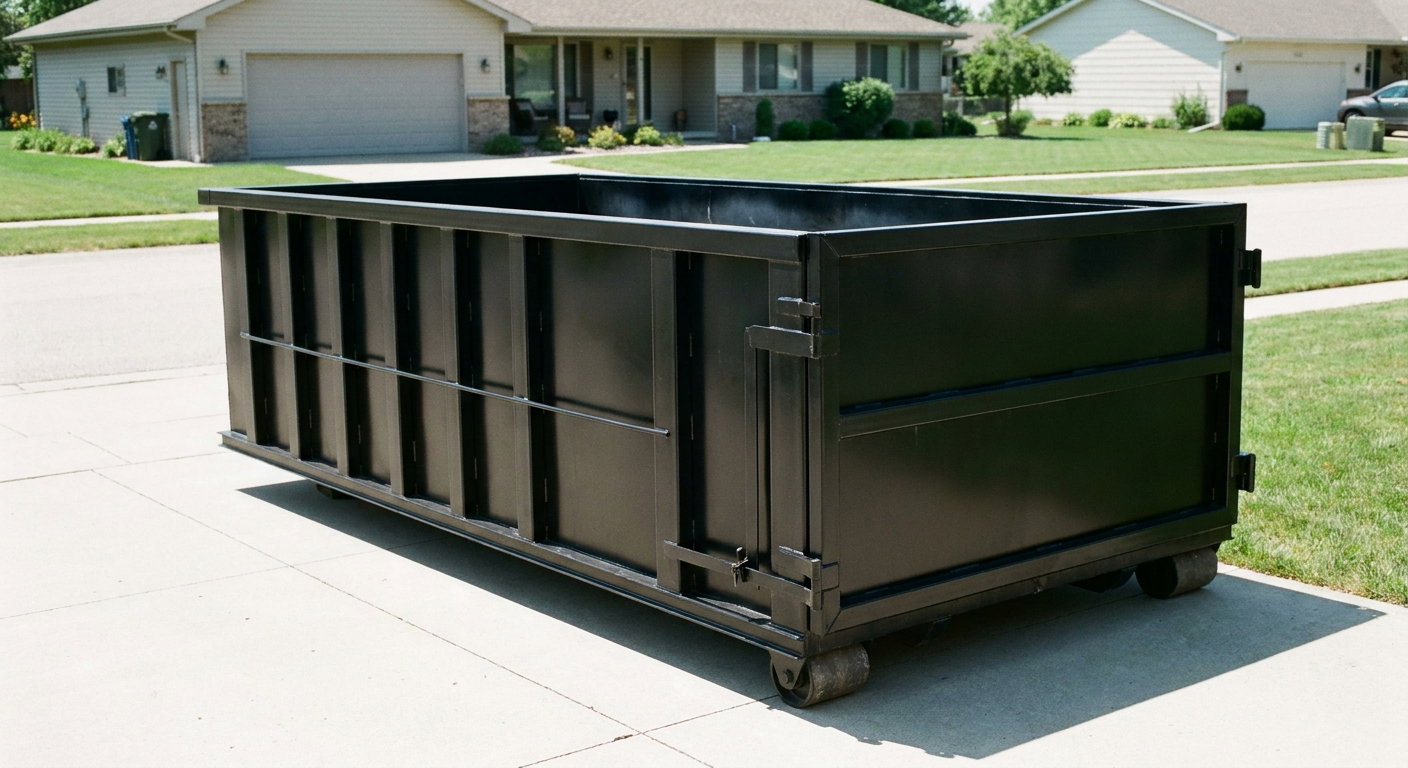 Matte-black 10-yard roll-off dumpster on a residential concrete driveway in Daytona Beach, uniformly painted matte black across every panel and rail, ribbed steel sidewalls and rear swing door visible, mid-day daylight.