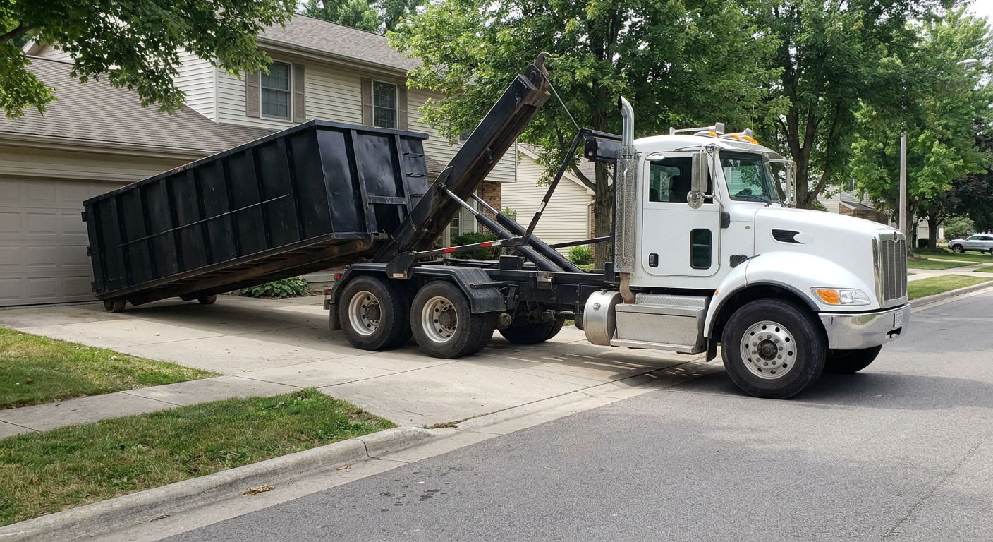White-cab hooklift roll-off truck actively lowering a matte-black dumpster onto a Daytona Beach residential concrete driveway, the dumpster's rear wheels touching the driveway as the hoist arm tilts the bed forward, mid-morning daylight.