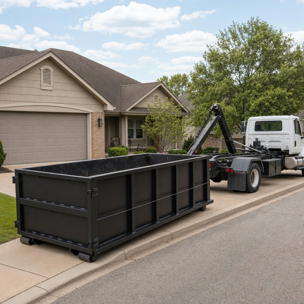Wide documentary shot of a matte-black roll-off dumpster on a Daytona Beach residential driveway in the foreground and a contractor jobsite container in the soft-focus background, bright daylight, calm and orderly composition.