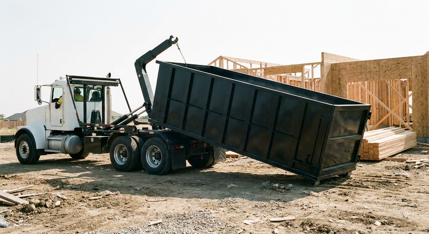 Matte-black roll-off dumpster being delivered onto a clean residential concrete driveway in Daytona Beach by an unmarked white hooklift hauler truck, bright morning daylight, documentary 35mm perspective.